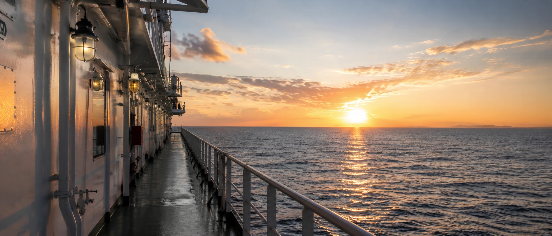 Ship deck passage at sunset