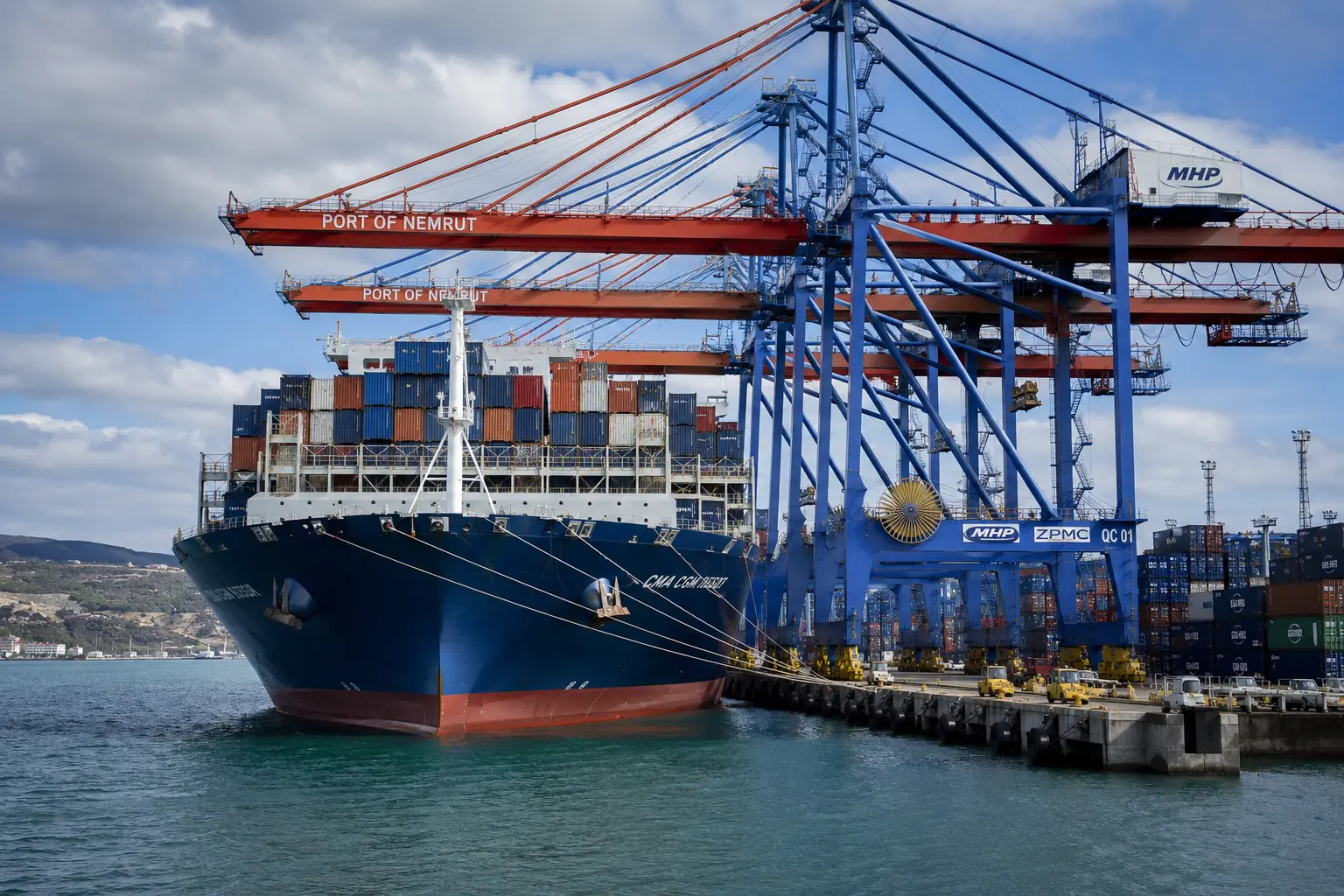 Container vessel alongside an active port terminal